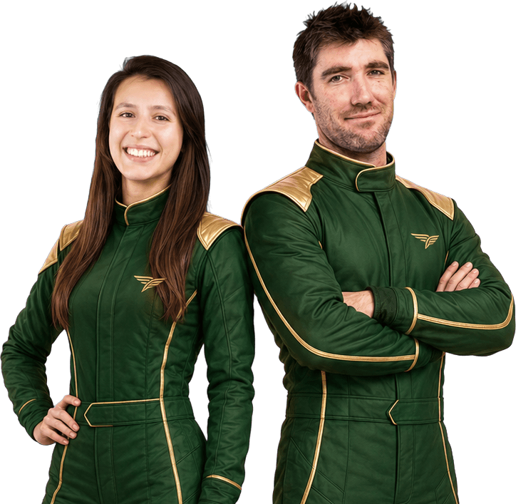 Airspeeder Team Australia pilots in green-and-gold race suits