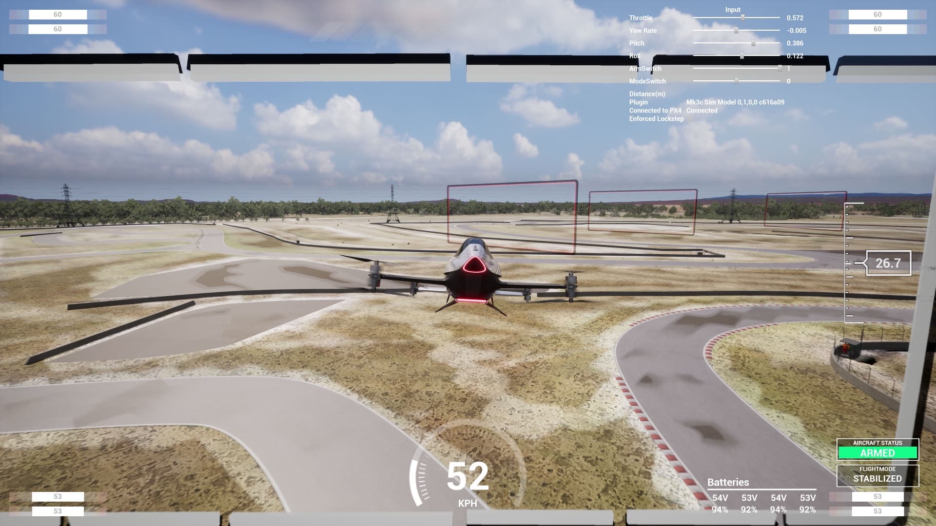 Airspeeder Race Sim: the race craft on the circuit with marker gates ahead and a live telemetry HUD