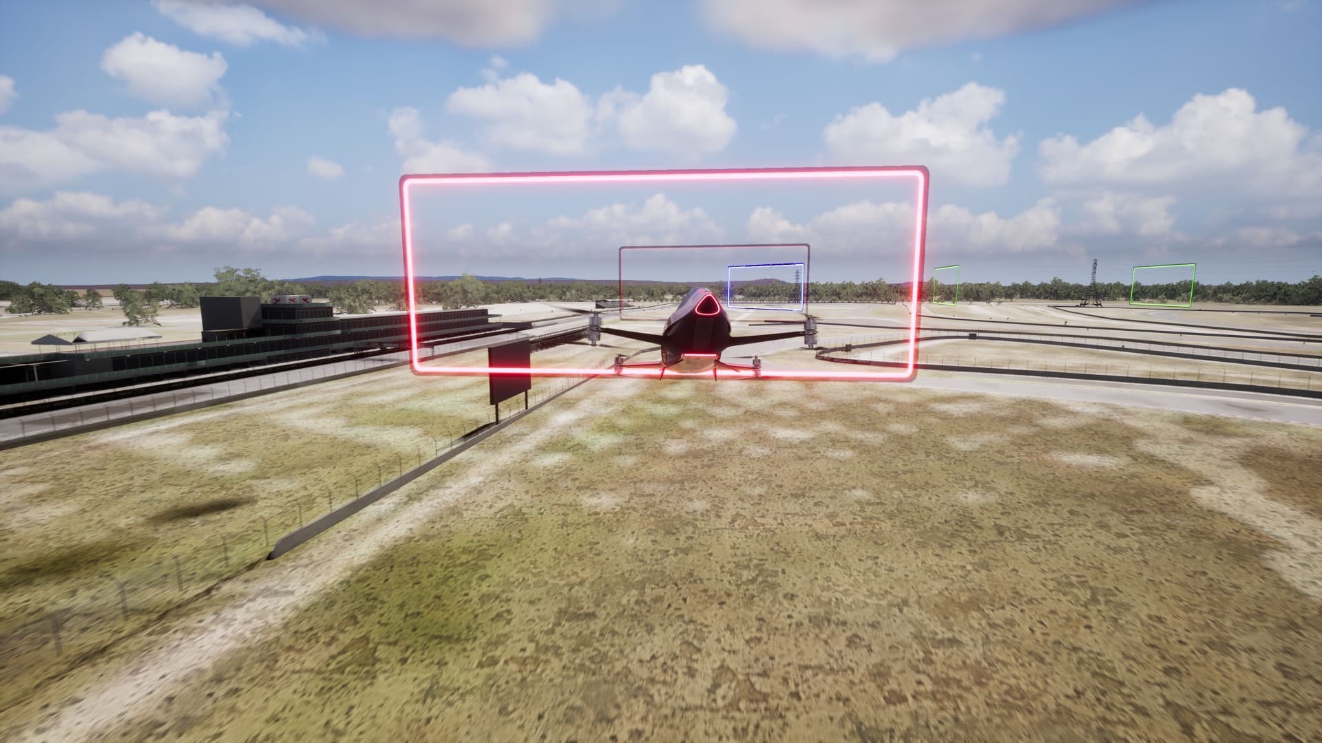 Airspeeder Race Sim: the craft on the track with speed and battery readouts